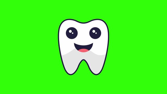 Smiling cartoon tooth icon animation on green screen