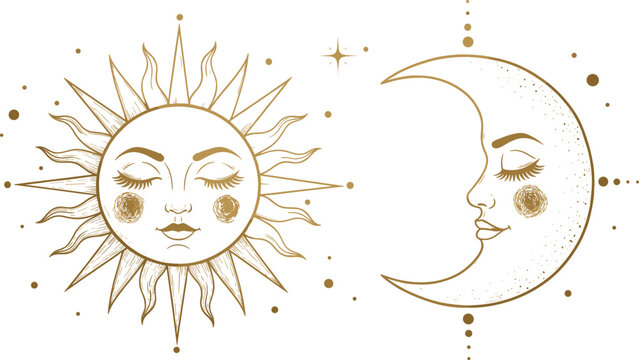Celestial sun and moon faces in elegant boho line art style featuring mystical cosmic elements, vintage engraving details, and decorative astrology vector illustration