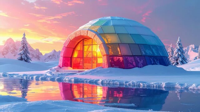 A vibrant, colorful, domed structure in a winter landscape at sunset