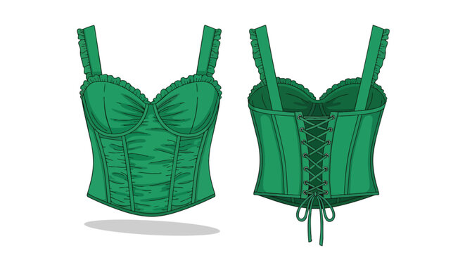 Fashion design technical drawing of an emerald green corset top featuring a lace-up back