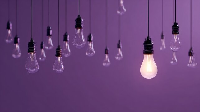 Single lit light bulb among unlit bulbs on purple background
