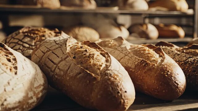 4K slow motion footage of artisan whole grain sourdough bread loaves cooling on wooden rack in rustic bakery