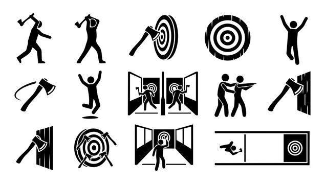 Axe Throwing Silhouette Icon Set &ndash; Target Practice, Lumberjack Game and Outdoor Activity Symbols