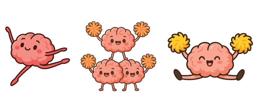 Cute cartoon brains cheerleading with pom poms