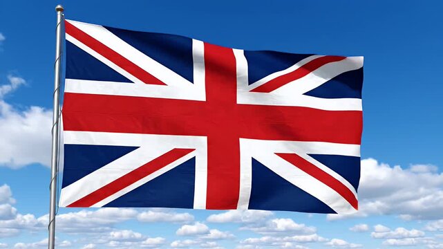 The Union Jack flag of the United Kingdom waves proudly in the sky.