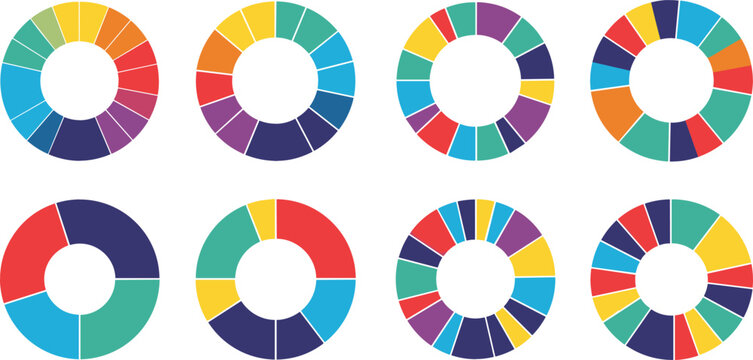 Colorful Donut Chart Infographic Set Featuring Circular Data Visualization Elements, Percentage Rings, and Business Analytics Graphics for Reports and Dashboard Design