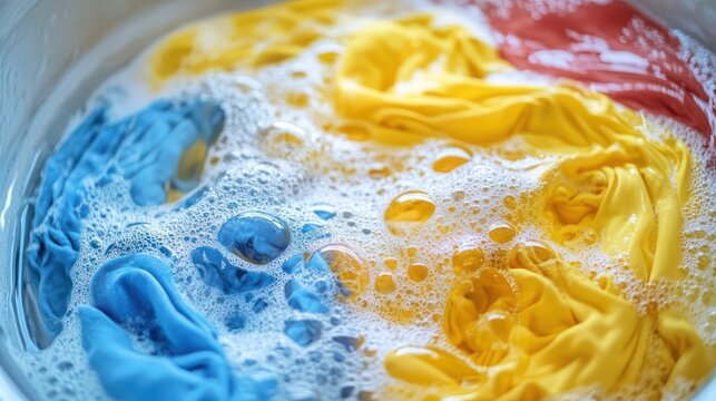 Colorful clothes soaking in soapy water (1)