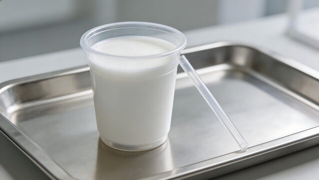 Plastic milk cup with straw on metal tray for Institutional Nutrition Subsidy and Public Welfare Policy Report Cover.