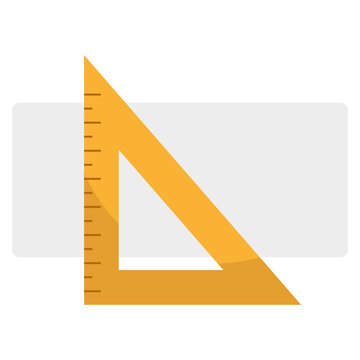 Drafting triangle ruler tool. Precision Vector instrument. Yellow plastic scale. Light gray flat rectangle background item.
