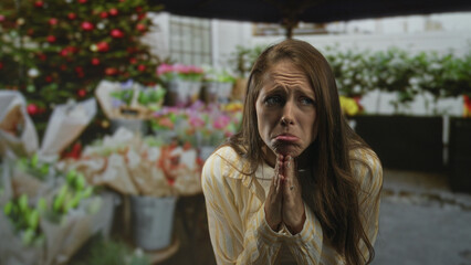 Fototapeta premium Woman with hands pressed in prayer gesture at flower stall street among bouquets and buckets; pleading hope.