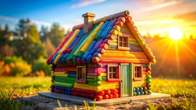 A vibrant, colorful toy house in a sunny outdoor setting, on a green lawn