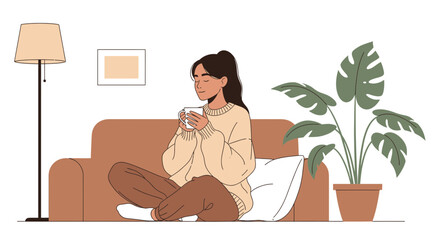 Fototapeta premium Cozy woman relaxing on sofa with hot drink, enjoying peaceful home atmosphere