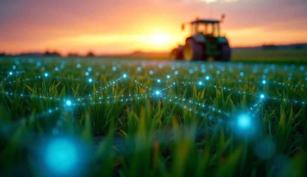 Green crop fields at sunset with glowing blue digital grid network representing smart farming and tractors in the background