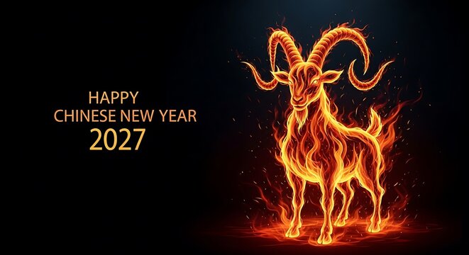 Majestic Fire Goat Illustration Representing the Year of the Goat 2027 Chinese Zodiac on a Black Background