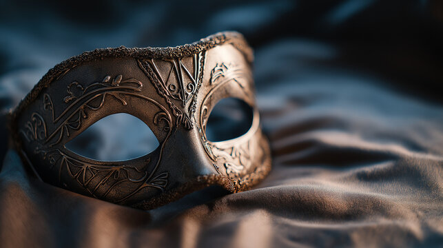 amrit. Ornate Venetian mask resting on dark velvet fabric, soft light highlighting its decorative details. event programs, museum guides, designed for cultural heritage projects and event programs.