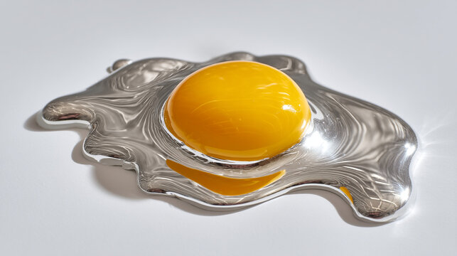 A bright yellow egg yolk in a silver-plated dish on a white surface