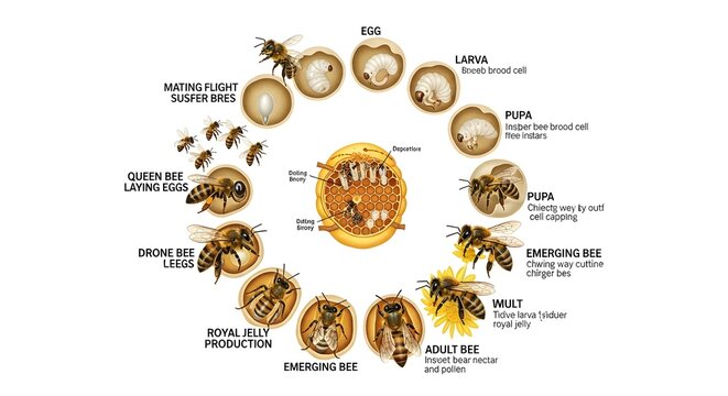 Comprehensive honey bee life cycle chart showing queen laying eggs, larva fed royal jelly, capped pupae, emerging workers, adult bees on comb and specialized roles such as drones and royal jelly produ