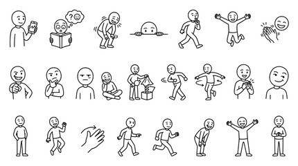 Obraz premium Cartoon stick figures in various poses depicting daily activities and emotions