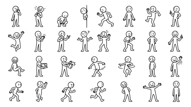 Cartoon stick figures in various poses expressing different emotions and actions