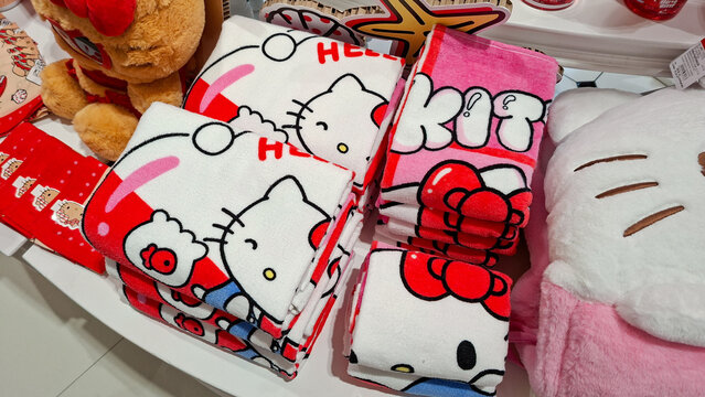 Hello Kitty character soft towels and blankets collection on April 4, 2026 in Bangkok, Thailand.