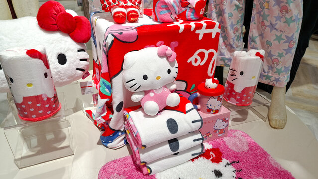 Hello Kitty character merchandise collection including plush doll and soft blankets on April 4, 2026 in Bangkok, Thailand.