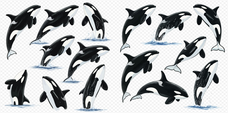 Set of Killer Whales or Orcas in Various Poses, Hand Drawn Vector Illustration.