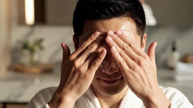 Close Up Of A Man Applying White Moisturizer Cream To His Face And Forehead In A Bright Bathroom With Soft Natural Lighting And A Clean Aesthetic