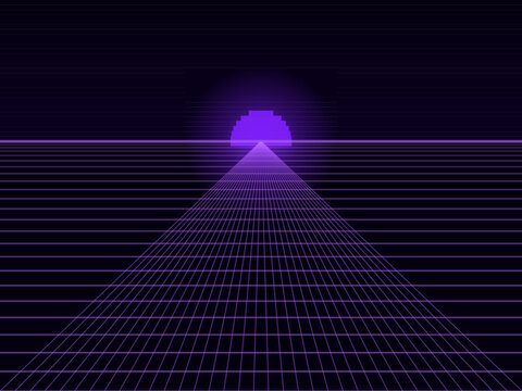 Synthwave Sunset Neon Grid Floor Retro Gaming Background