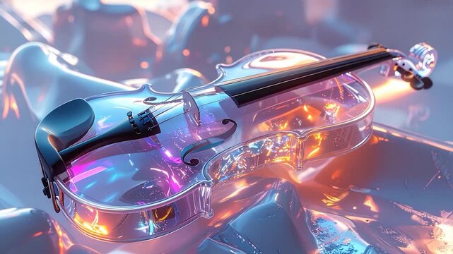 Transparent violin glows with light amidst a reflective, abstract background