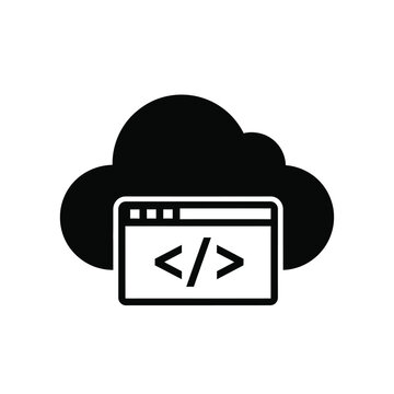 A simple black glyph depicting cloud computing with a code symbol on a screen high quality professional