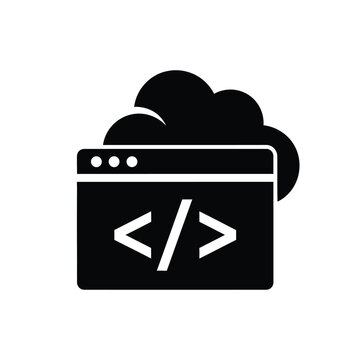 A simple black glyph depicting a browser window with coding brackets representing web development high quality professional