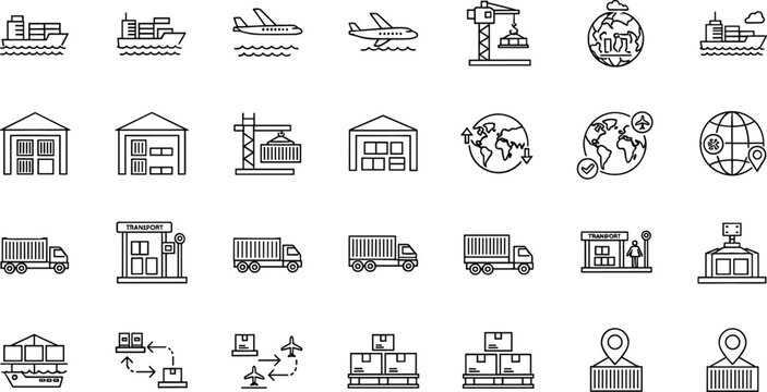 Global logistics and freight transportation line icon set featuring cargo ships, airplanes, warehouses, container trucks and international shipping operations