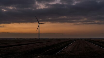 Obraz premium Single wind turbine beyond dark ploughed fields under brooding dusk clouds, dramatic renewable energy landscape with stark furrow lines, distant horizon haze, and cinematic evening atmosphere
