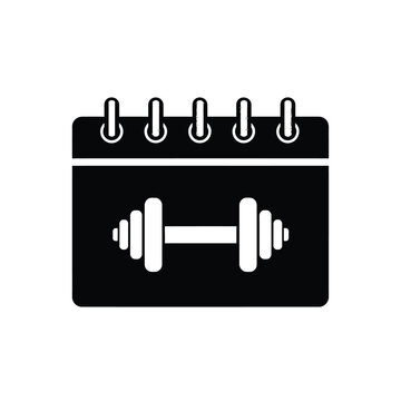 A black silhouette of a calendar page with a barbell illustration representing workout scheduling and fitness goals
