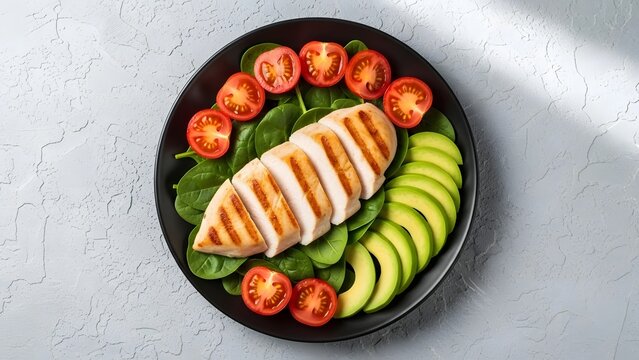 Healthy Grilled Chicken Salad Bowl With Avocado Spinach And Tomatoes Balanced Diet Meal Concept For Clean Eating Lifestyle