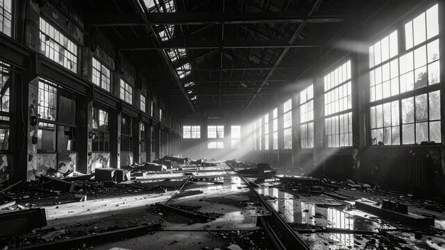 Dilapidated factory interior with broken windows, debris, and bright sunlight