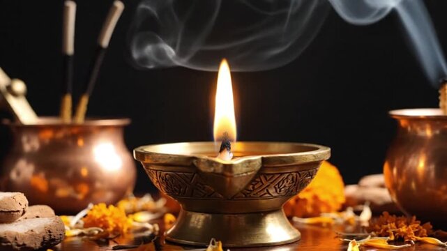 Masik Shivaratri, An artistic composition of a traditional brass diya lamp with a warm golden flame, blurred incense smoke swirling in the air, scattered sandalwood paste and copper ritual vessels