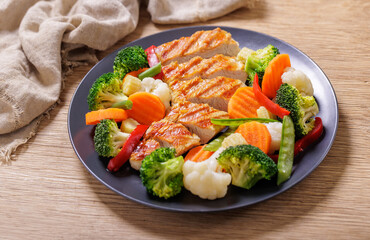 plate of grilled chicken and mix of steamed vegetables