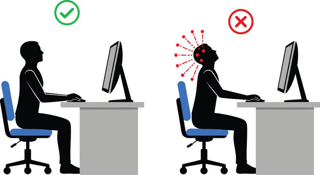 Ergonomic posture infographic showing correct and incorrect sitting positions at a computer desk to prevent neck pain and back injury.