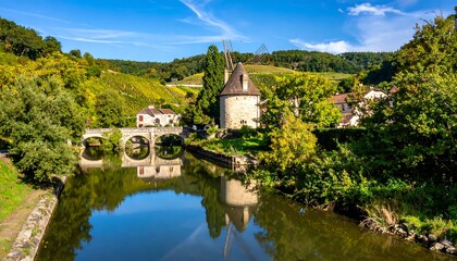 Obraz premium Picturesque European Village Along River with Stone Bridge and Tower.