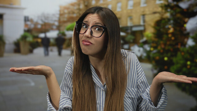 Young hispanic woman with long brown hair and oversized glasses raises palms on busy city street; confusion.
