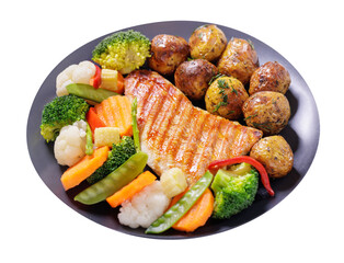 plate of grilled chicken with steamed vegetables and baked potatoes isolated on transparent background
