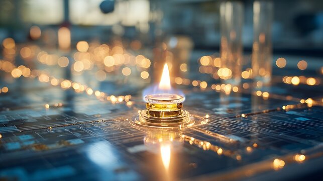 A Bunsen burner flame ignites on a scientific device