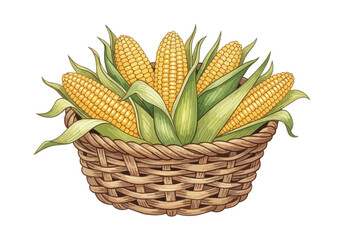 Fototapeta premium Fresh corn cobs in woven basket isolated on black background