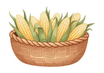 Fototapeta premium Fresh corn cobs in woven basket isolated on black background