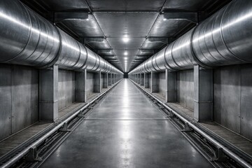 Obraz premium Industrial Tunnel with Metal Pipes and Lighting.