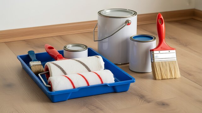 Set of paint rollers, brush, paint cans and blue tray neatly arranged on clean wooden floor, suggesting careful preparation for renovation.