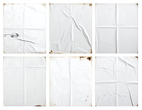 Six sheets of folded, textured white paper with stains and creases. They are arranged in a 2x3 grid against a plain white backdrop
