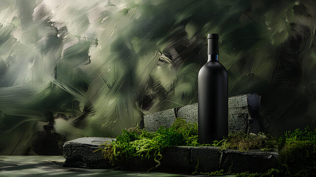 A sleek, dark bottle of wine rests on a moss-covered stone pedestal, bathed in ethereal, smoky green light, evoking a sense of mystique and natural elegance