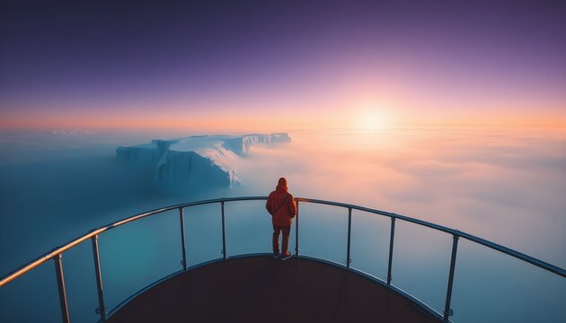 Person standing on a curved balcony overlooking clouds at sunrise